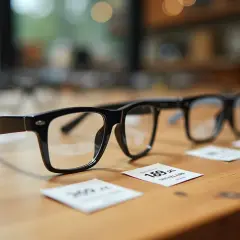 Okulary na drewnianym stole, z cenami 159 zł i 189 zł. Zastanawiasz się, ile kosztują szkła do okularów?
