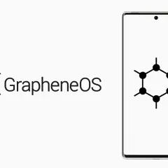 Logo GrapheneOS z symbolem grafenu i nazwą systemu. Obok smartfon z tym samym symbolem na ekranie.