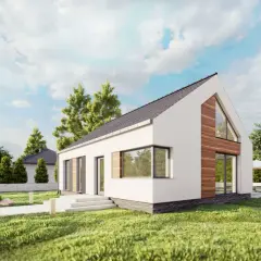 Nowoczesne domy z poddaszem użytkowym, tanie w budowie, z drewnianymi akcentami i dużymi oknami, otoczone zielenią.