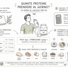 Guida per calcolare quante proteine assumere al giorno in base al peso e all'attività fisica, con esempi e fonti proteiche.