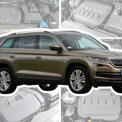Brązowy Skoda Kodiaq 2023 z widokiem na silnik.