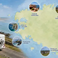 Autocaravana en una carretera costera, con Mont-Saint-Michel al fondo. Un mapa ilustra la ruta por la Bretaña francesa, destacando varios puntos de interés.