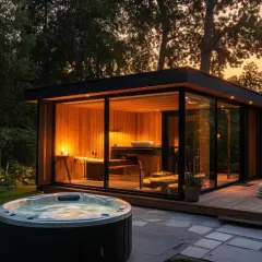 Relaks w ogrodzie: nowoczesna sauna i jacuzzi. Idealne miejsce, by sprawdzić, czy po saunie można iść do jacuzzi.