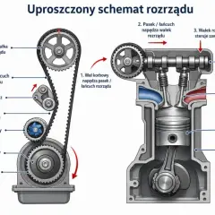 Schemat rozrządu silnika: wał korbowy napędza pasek, który obraca wałek rozrządu sterujący zaworami. Pomaga to zrozumieć, jak liczyć kolejność cylindrów BMW.