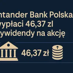 Santander Bank Polska wypłaci 46,37 zł dywidendy na akcję. Symbol banku i stos monet symbolizują zysk z inwestycji w santander akcje.