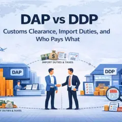 Vergleich DAP vs. DDP: Wer zahlt Zölle und Steuern? Illustration zeigt Lieferketten und Verantwortlichkeiten bei internationalen Sendungen, inklusive ddu incoterm.