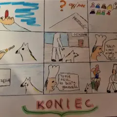Rysunkowy komiks z dymkami i postaciami, przedstawiający sceny z psem i ludźmi.