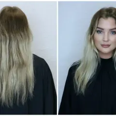 Före och efter-bild på en kvinna med långt blont hår. En förvandling med hairtalk by emelie.