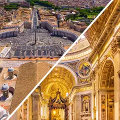 Vista aerea di Piazza San Pietro e interno della chiesa di San Pietro a Roma, con la maestosa cupola e decorazioni dorate.
