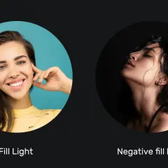 Two portraits: one bright with a smiling woman, the other dark and moody, showcasing the effect of negative fill light.