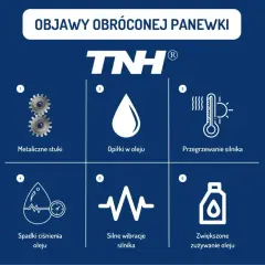 Objawy obróconej panewki: metaliczne stuki, opiłki w oleju, przegrzewanie silnika, spadki ciśnienia oleju, silne wibracje, zwiększone zużycie oleju.