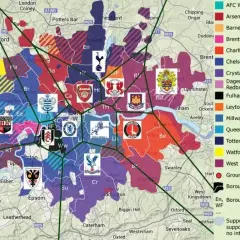 Mapa Londynu z zaznaczonymi terytoriami kibiców klubów piłkarskich z Londynu, m.in. Arsenal, Chelsea, Tottenham.