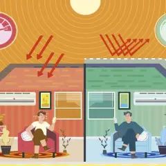 Dos casas: una caliente con un hombre sudando y otra fresca con aire acondicionado. El sol calienta una, la otra refleja el calor. Confort térmico logrado.