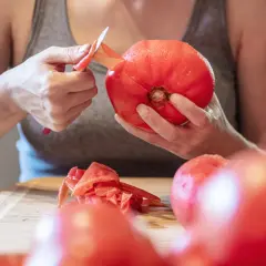 Ręce obierają pomidora, pokazując, jak sparzyć pomidory. Skórka jest łatwo zdejmowana, gotowa do dalszego przygotowania.