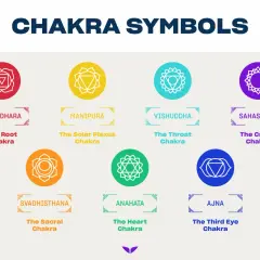 Kolorowe czakry symbole: Muladhara (korzenia), Svadhisthana (sakralna), Manipura (słoneczna), Anahata (serca), Vishuddha (gardła), Ajna (trzeciego oka) i Sahasrara (korony).