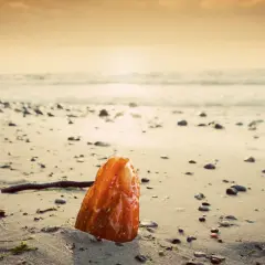 Bursztyn na plaży, jak cenny skarb na autostradzie bursztynowej, lśni w słońcu. Morze i piasek tworzą tło dla tego naturalnego klejnotu.