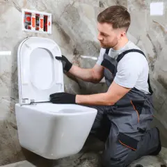 Instalator montuje deskę wolnoopadającą z regulacją opadania do nowoczesnej miski WC.