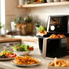 En airfryer med krispiga kycklingbitar och pommes frites. Perfekt för snabba och goda airfryer recept.