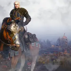 Geralt na koniu w zbroi, która wygląda jak najlepszy rynsztunek z Wiedźmina 3, przemierza spaloną ziemię.