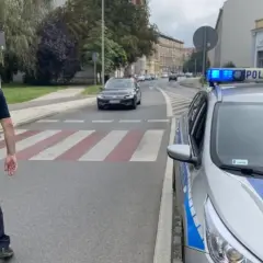 Policjant w kamizelce odblaskowej i radiowóz z włączonym sygnałem świetlnym stoją przy przejściu dla pieszych. Na radiowozie widoczny jest znak d6.