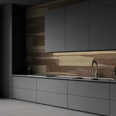 Cocina moderna con azulejos de madera en tonos tierra, reflejando las últimas tendencias en azulejos para cocinas.