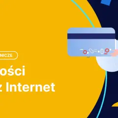 Ilustracja przedstawia płatności przez Internet z użyciem karty wirtualnej. Postać trzyma kartę, symbolizując łatwość transakcji online.