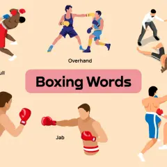 Illustrations of boxing moves like "Pull," "Overhand," "Stop," "Upper Cut," "Jab," and "Body Shot" are displayed with the title "Boxing Words.