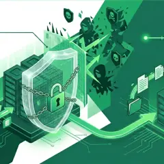 Illustration d'une sécurité informatique robuste, avec des serveurs protégés par un bouclier et un cadenas. Des icônes de menaces tentent de percer, mais le réseau 3G reste sécurisé.