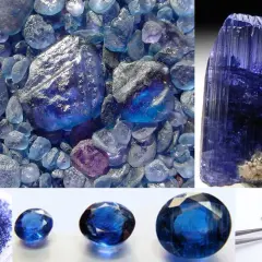 Verschiedene **Kristallarten** in tiefem Blau: rohe Steine, ein großer facettierter Kristall und geschliffene Edelsteine.