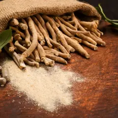 Racines d'ashwagandha dans un sac en toile, poudre et gélules. Attention à l'ashwagandha danger potentiel.