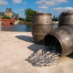 Beczki ze śledziami, nietypowe atrakcje Szczecin, przyciągają wzrok nad wodą.