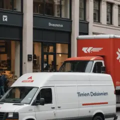 Biała i czerwona ciężarówka z logo firmy kurierskiej, symbolizująca szybką spedycję.