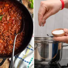 En gryta med köttfärssås och en hand som saltar en kastrull. Om du undrar hur man får bort salt smak, kan det vara bra att veta att man kan späda ut maten.