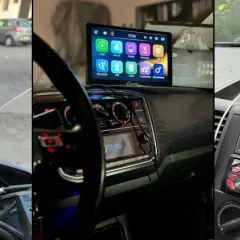 Trzy ujęcia ekranów z funkcją mirror link w samochodach i na motocyklu, pokazujące nawigację i aplikacje.