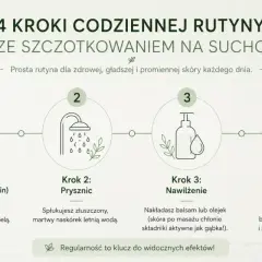 4 kroki do gładkiej skóry: szczotkowanie na sucho, prysznic, nawilżenie i regeneracja. Codzienna rutyna dla promiennej cery.