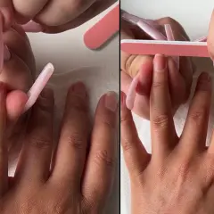 Två bilder visar en hand som får naglar fixade. En nagelbandsspatel används i ena bilden, och en rosa nagelfil i den andra. Perfekt för neonails!