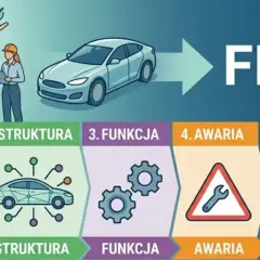 Proces FMEA: planowanie, struktura, funkcja, awaria, ryzyko i wynik. Zespół analizuje dane, by zapobiec problemom.