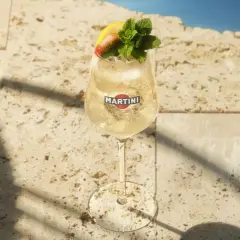 Erfrischender Martini Bianco mit Erdbeere, Zitrone und Minze. Perfekt für sommerliche Martini Bianco Rezepte am Pool.