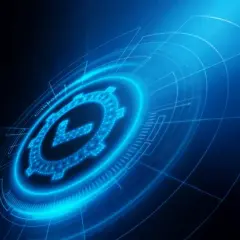 Blaues Zahnrad mit Häkchen-Symbol, das für VDS Zertifizierung steht, umgeben von digitalen Kreisen auf dunklem Hintergrund.