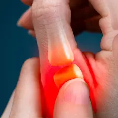 Main d'une personne souffrant de tendinite au pouce, avec une zone rouge indiquant la douleur. Le traitement de la tendinite du pouce est essentiel.