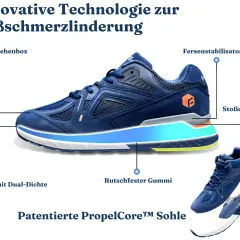 Blauer Schuh mit detaillierter Sohle, ideal bei Morton Neuralgie. Bietet Komfort und Stabilität.
