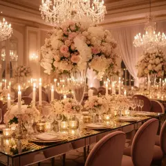 Eleganckie wesele glamour: luksusowe stoły, kryształowe żyrandole i bujne bukiety róż.