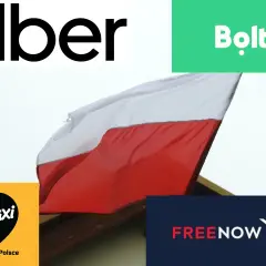 Logo Uber, Bolt, iTaxi i FREE NOW na tle polskiej flagi. Wybór transportu: Bolt czy Uber?