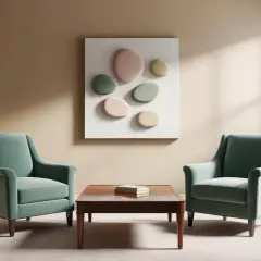 Accogliente studio di psicologia con due poltrone verdi, un tavolino e un quadro astratto. L'arredamento è pensato per creare un ambiente sereno.