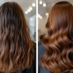 Antes y después de un tratamiento capilar con ácido glicólico, mostrando un cabello seco y dañado transformado en melena brillante y sedosa.