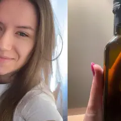 Uśmiechnięta dziewczyna i butelka z ciemnym płynem, prawdopodobnie olej z wiesiołka, który może pomóc w pielęgnacji.