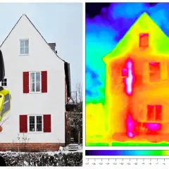 Kamera termowizyjna pokazuje dom z widocznymi mostkami termicznymi, gdzie ciepło ucieka na zewnątrz.