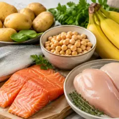 Bananen, Fisch, Hähnchenbrust, Kichererbsen, Kartoffeln und Spinat – alles leckere Vitamin B6 Lebensmittel für eine ausgewogene Ernährung.
