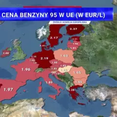 Mapa Europy pokazuje ceny paliwa w euro za litr. Najwyższe ceny benzyny 95 w UE odnotowano w krajach skandynawskich i niektórych zachodnich.