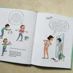Ilustracje z książki o dojrzewaniu, pokazujące dziewczynki przymierzające biustonosze i bieliznę.